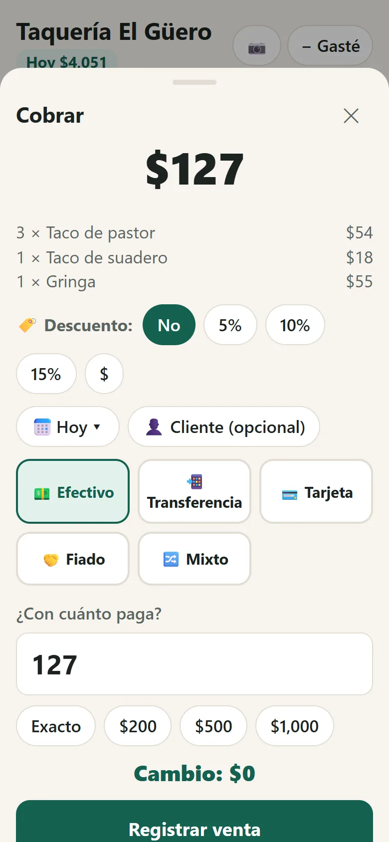 Pantalla de cobro con métodos de pago y cambio