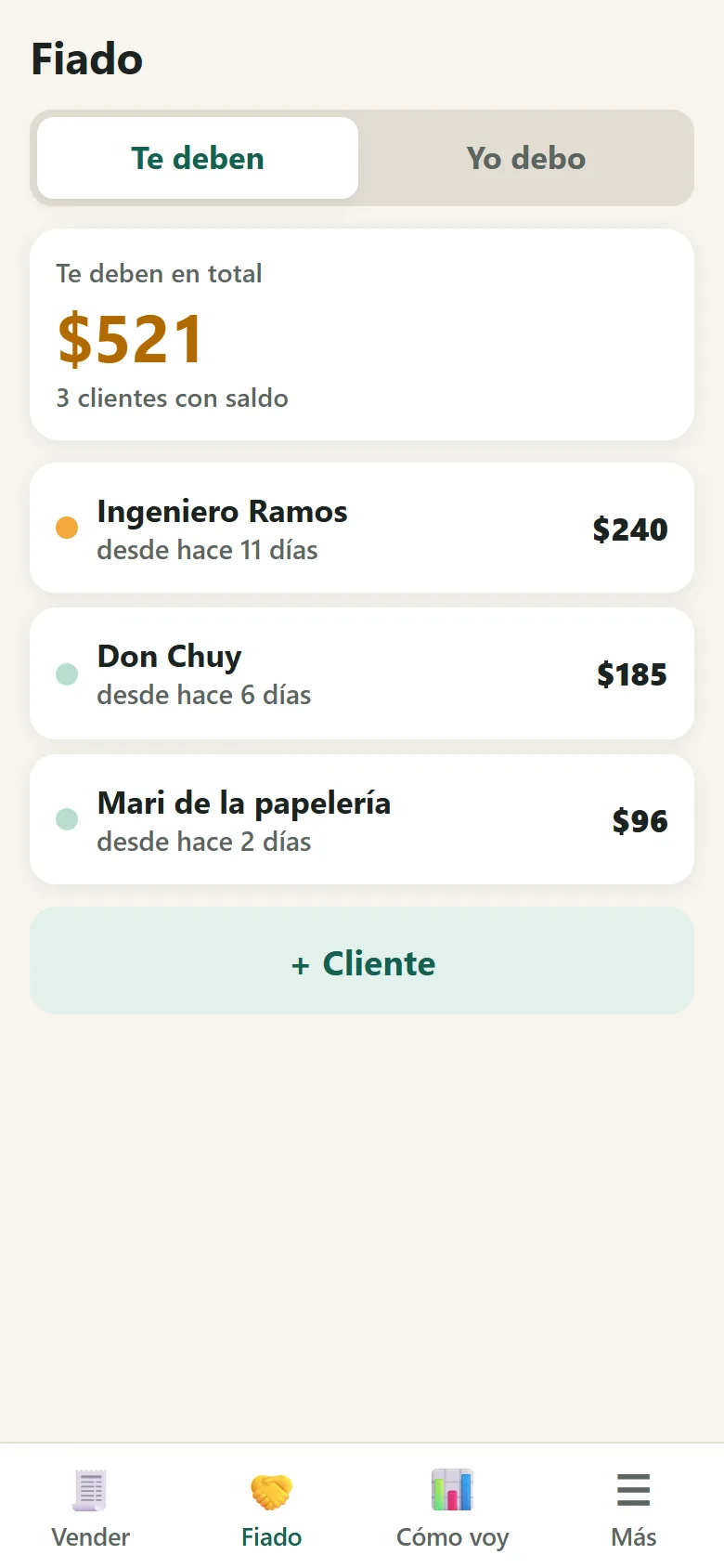 Pantalla de fiado con clientes y saldos